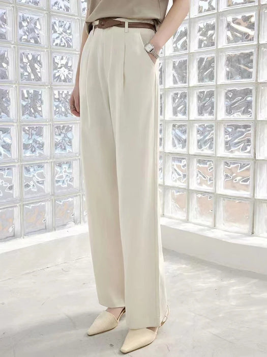 Woman Long Wide Leg Pants Linen Blend Solid Belt Waist Full Length Trousers 2024