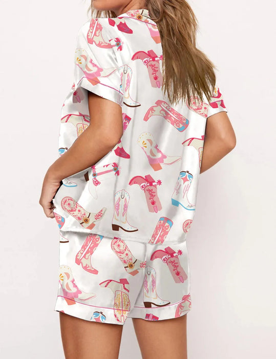 Y2k Bow Boots Print Satin Pajamas Short Set For Valentine's Day Satin Silk Pjs Sleepwear