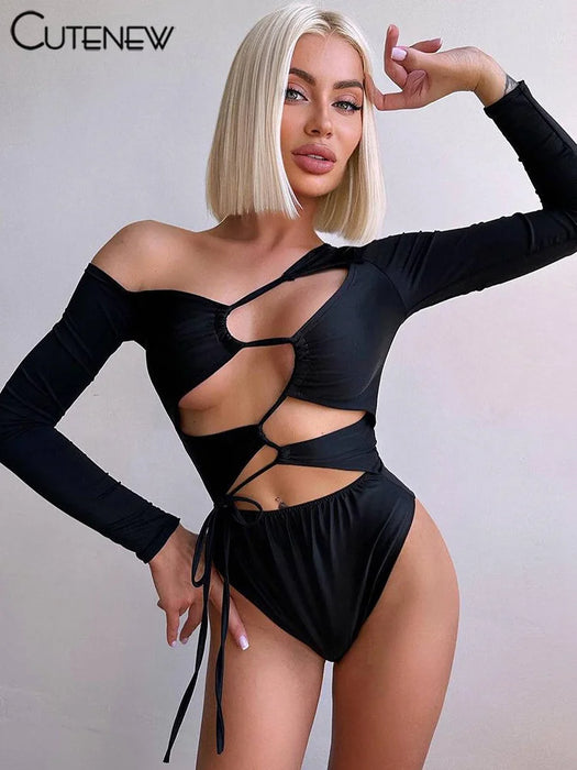 Women's Black Bodysuits Hollow Out Long Sleeve Sexy Skinny Top Stretch Biker Outfit