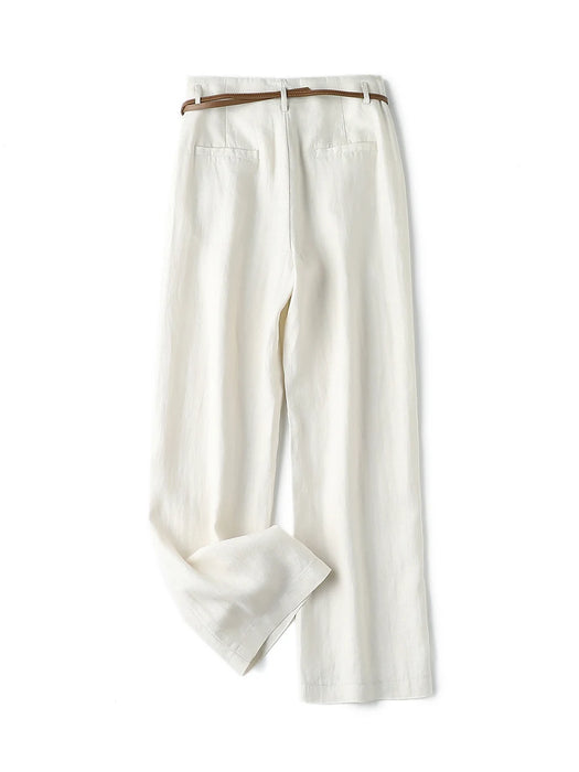 Woman Long Wide Leg Pants Linen Blend Solid Belt Waist Full Length Trousers 2024